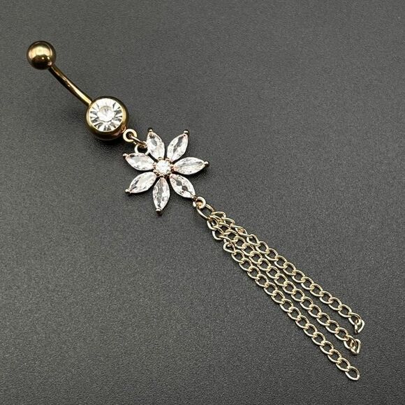 316L Stainless Steel with White Diamond Cubic Zirconia Flower 14G Belly Ring - Picture 1 of 10